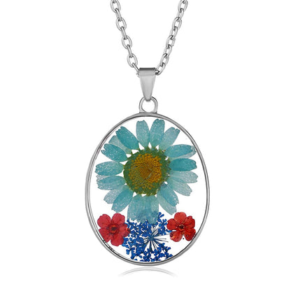 Blue and Red Pressed Flower Oval Pendant Necklace, pendant necklace for women, elegant gift for her, side view