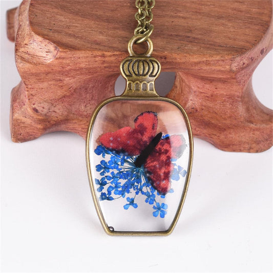 Lake Blue Gypsophila and Red Butterfly Vase Pendant Necklace, pendant necklace for women, front view