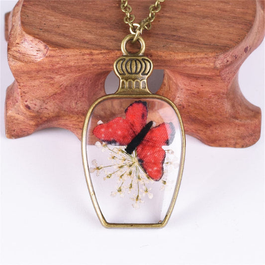 White Gypsophila and Red Butterfly Vase Pendant Necklace, pendant necklace for women, dainty minimalist design, front view