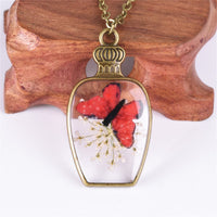 White Gypsophila & Red Butterfly Vase Pendant Necklace