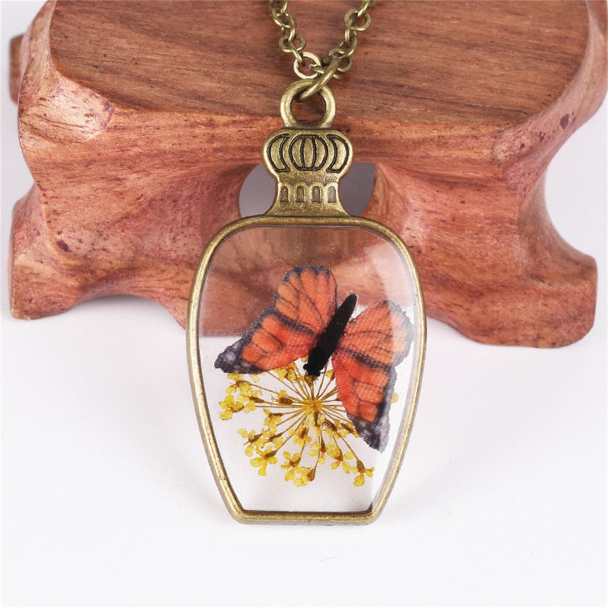 Yellow Gypsophila and Orange Butterfly Vase Pendant Necklace, pendant necklace for women, front view
