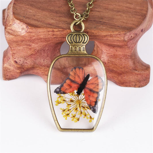 Yellow Gypsophila and Orange Butterfly Vase Pendant Necklace, pendant necklace for women, front view