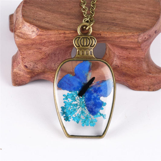 Blue and 18K Gold-Plated Pressed Gypsophila and Butterfly Vase Pendant Necklace, gold pendant necklace for women, front view