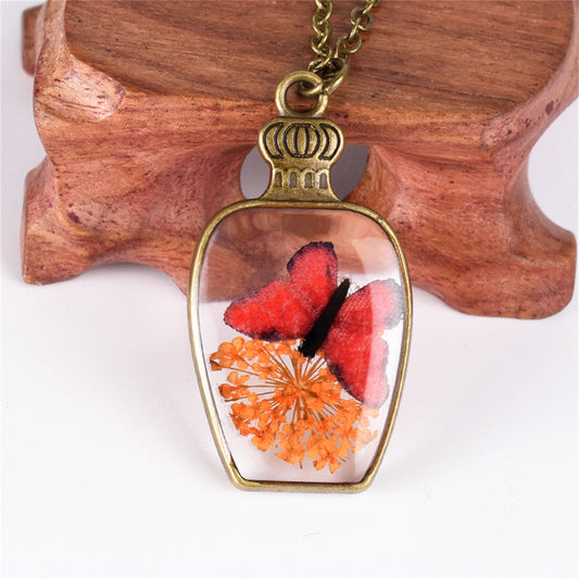 Orange Gypsophila and Orange Butterfly Vase Pendant Necklace, pendant necklace for women, everyday style, front view