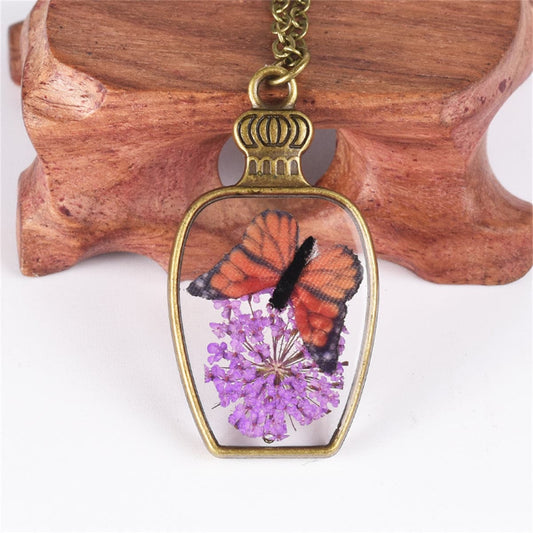 Red Gypsophila and 18K Gold-Plated Blue Butterfly Vase Pendant Necklace, gold pendant necklace for women, front view