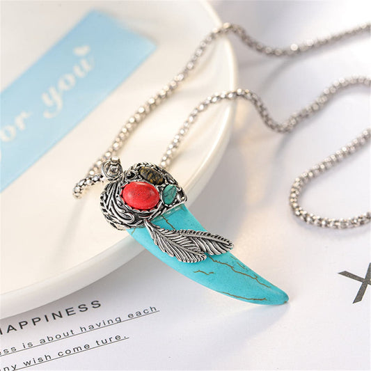 Turquoise and Silver-Plated Horn Pendant Necklace, silver pendant necklace for women, dainty minimalist design, front view