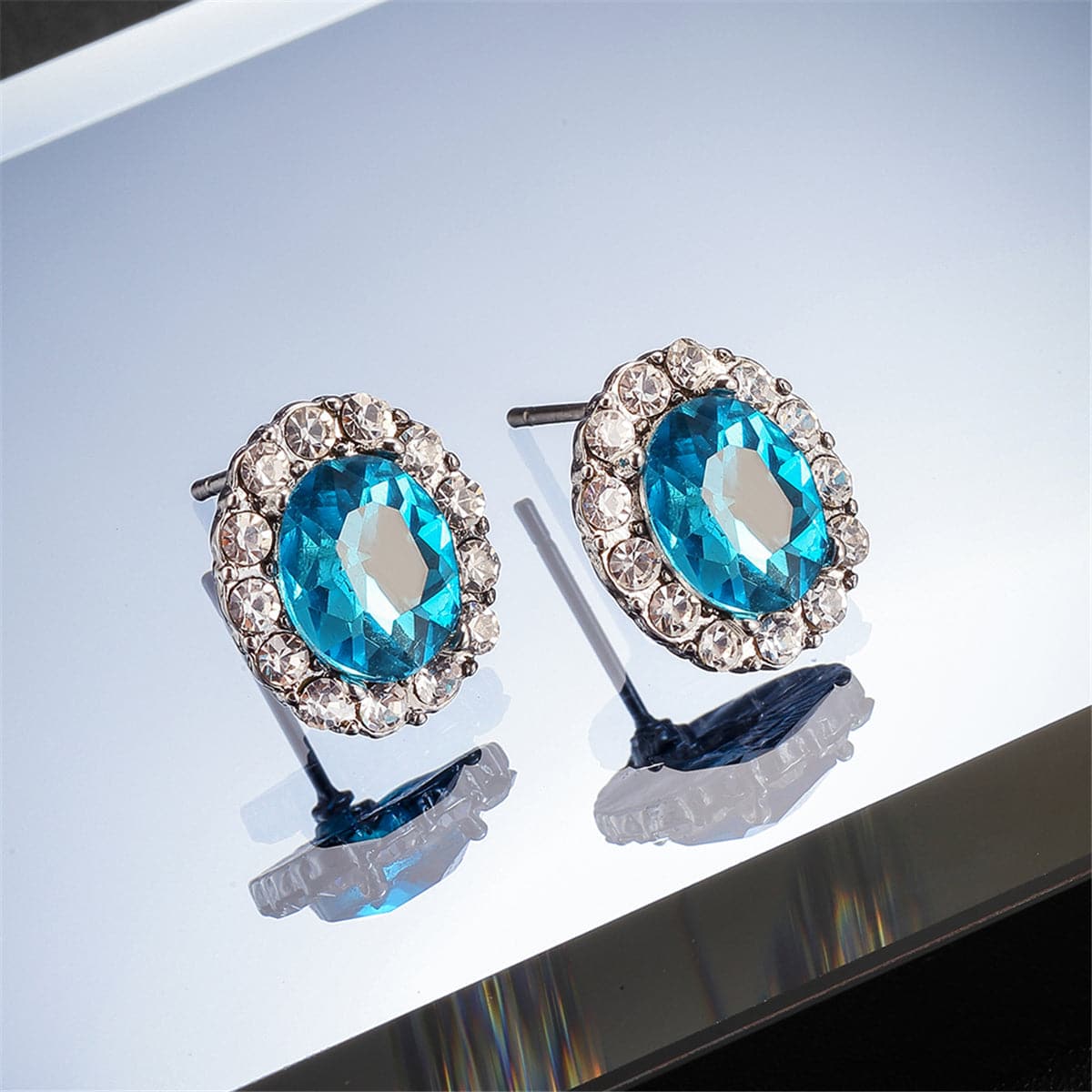 Sea Blue Crystal & Cubic Zirconia Hola Oval Stud Earrings