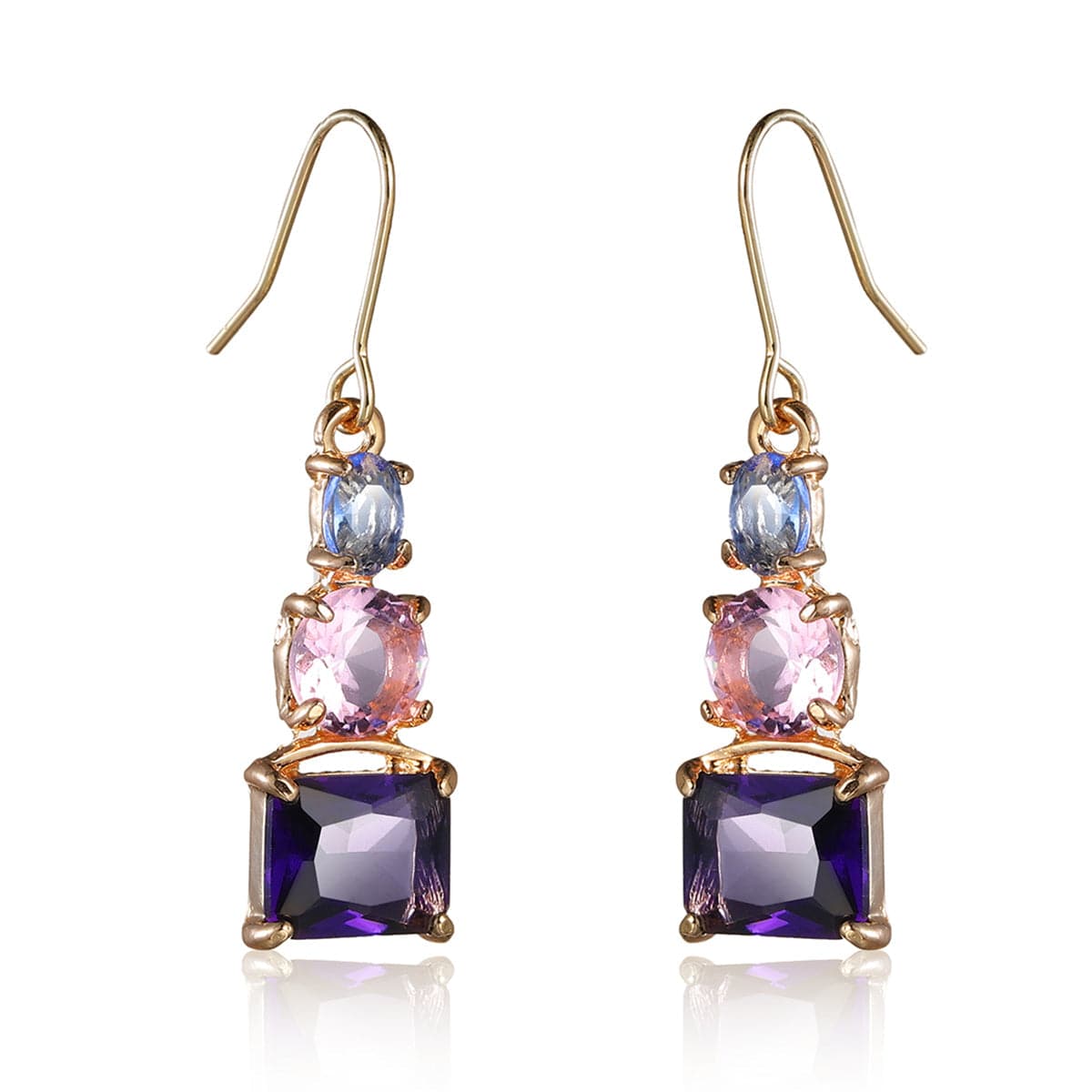 Purple Crystal and 18K Gold Plated Square Drop Earrings, gold drop earrings for women, everyday style, side view