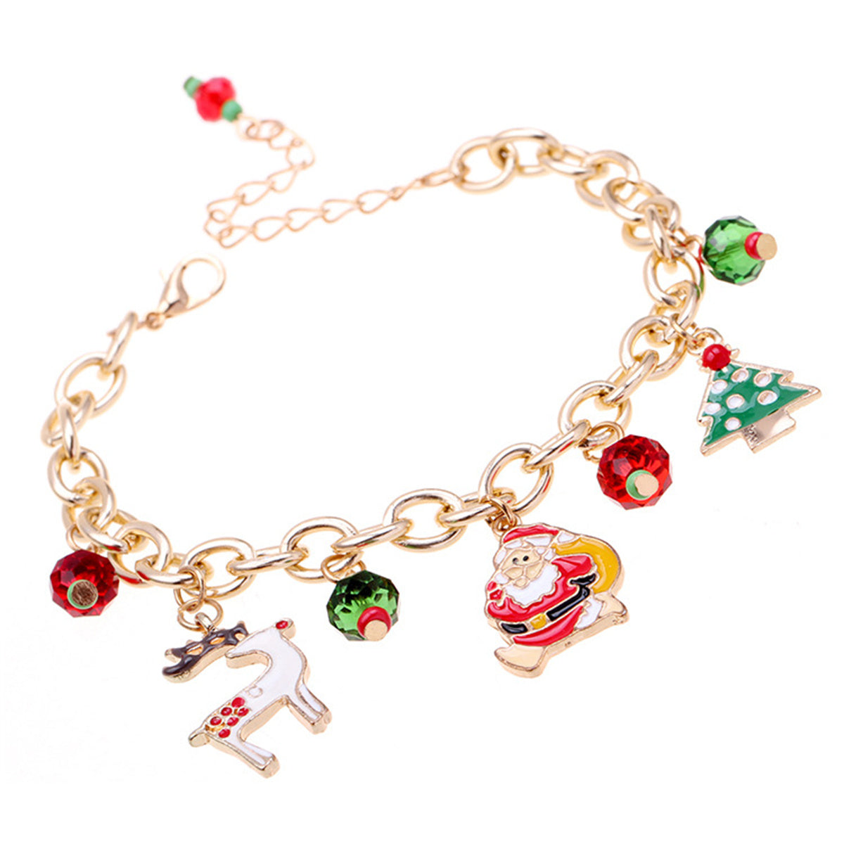 Red and Green Cubic Zirconia Santa Reindeer Cable Chain Charm Bracelet, bracelet for women, everyday style, side view