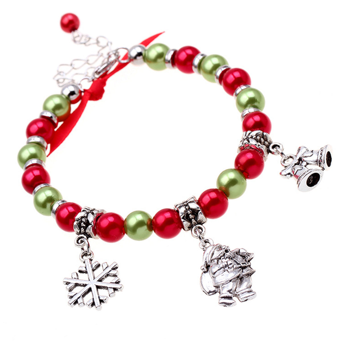 Red and Green Santa Snowflake Bell Beaded Charm Bracelet, bracelet for women, botanical inspired, side view