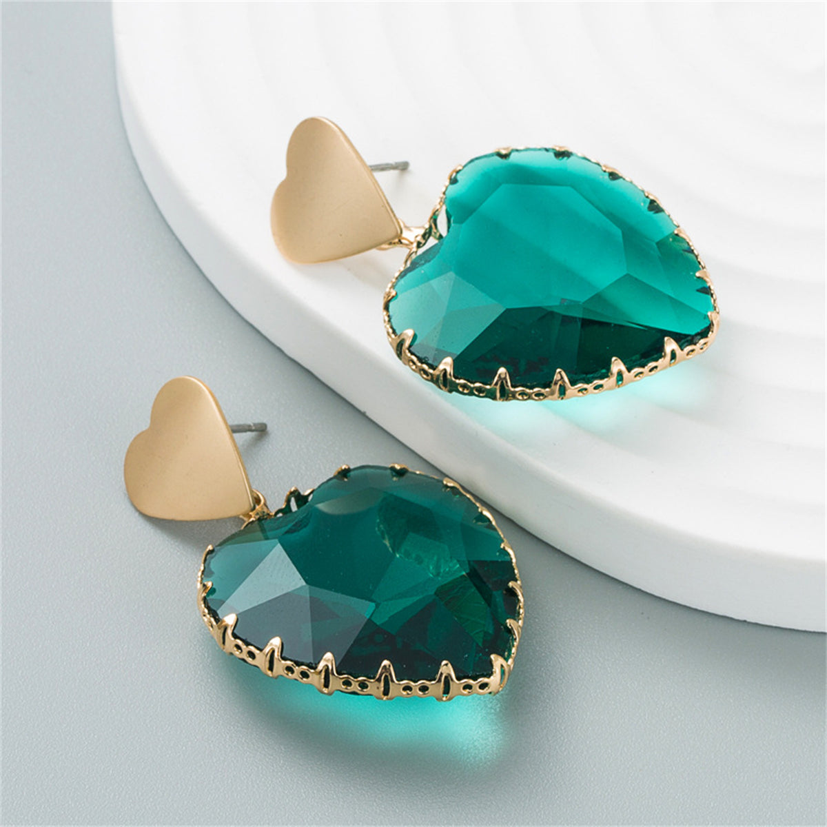 Green Crystal & 18K Gold-Plated Heart Drop Earrings