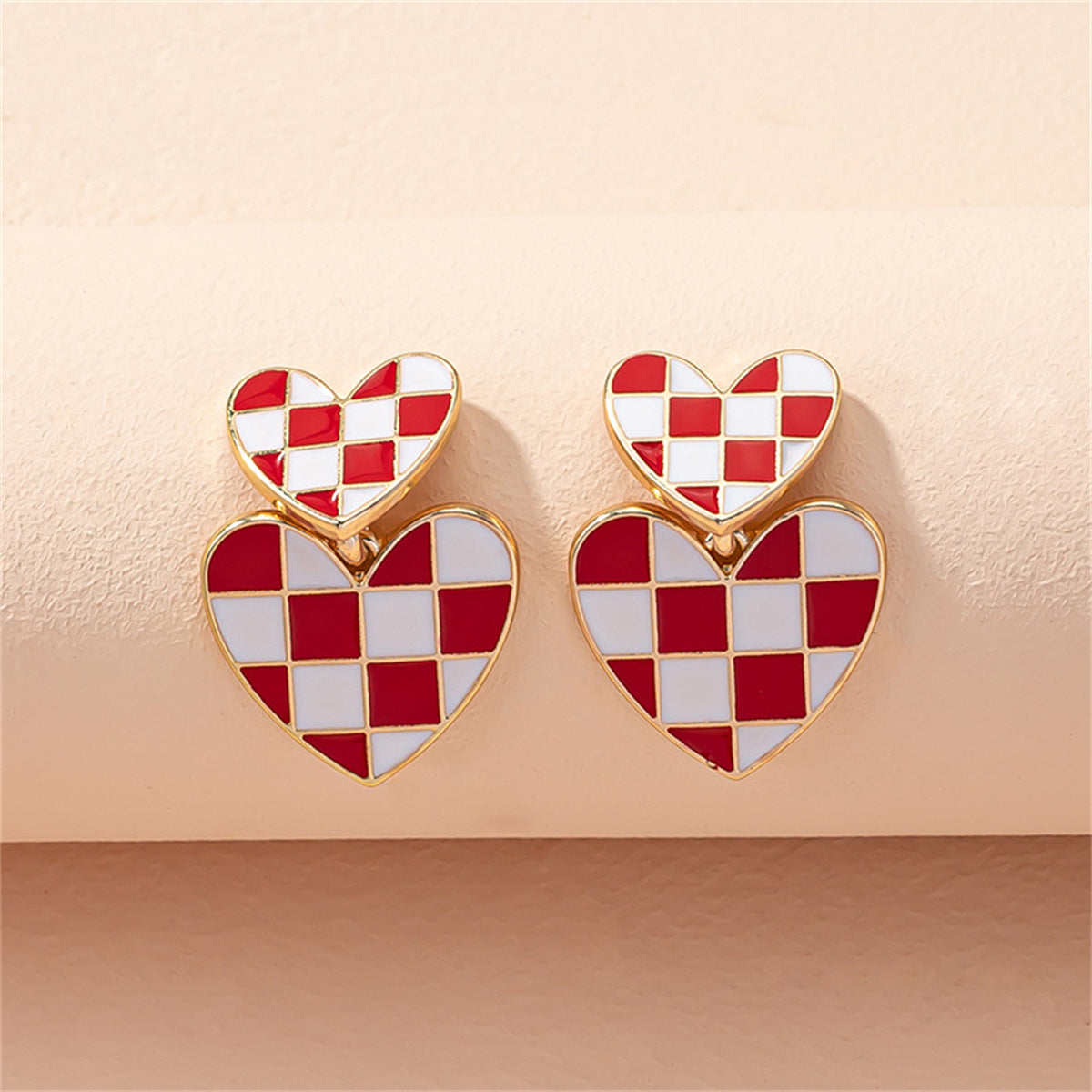 Red & 18K Gold-Plated Checkerboard Heart Drop Earrings