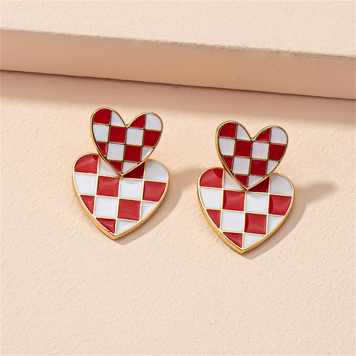 Red & 18K Gold-Plated Checkerboard Heart Drop Earrings