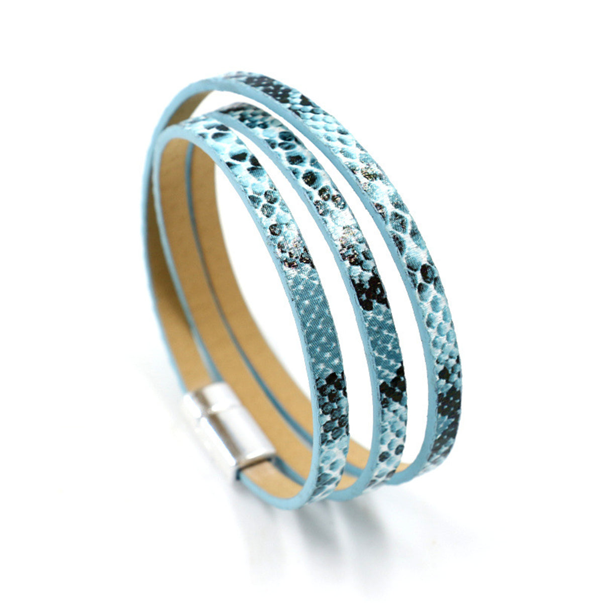 Silver-Plated and Blue Snake Wrap Bracelet, silver bangle bracelet, dainty minimalist design, front view