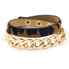 Brown Leopard Print & 18K Gold-Plated Figaro Chain Layered Bracelet