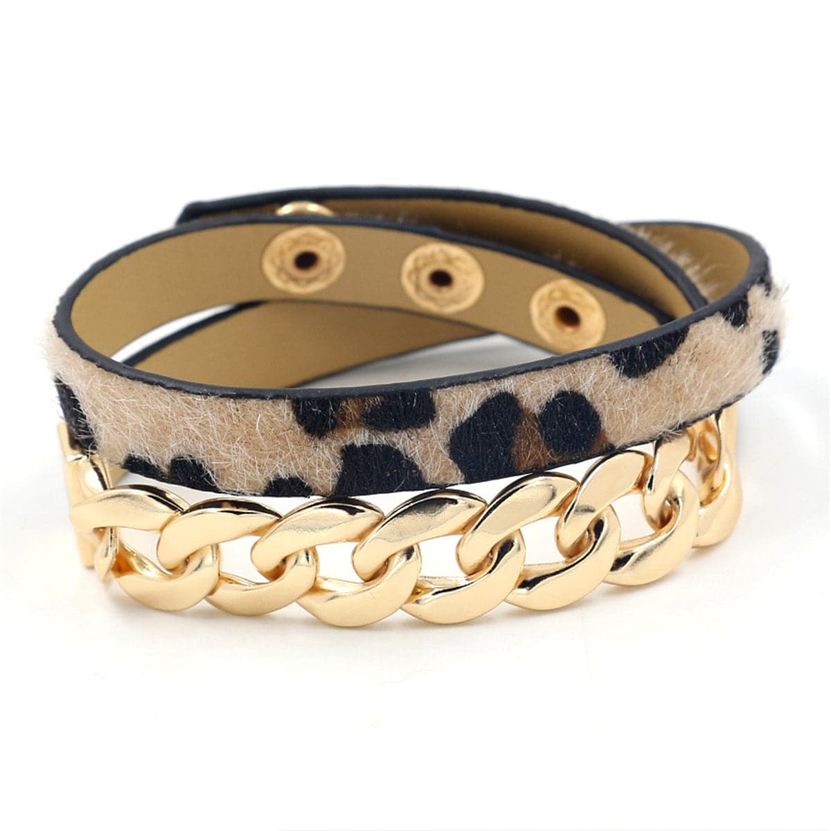 Brown Polyurethane and 18K Gold-Plated Leopard Print Chain Wrap Bracelet, gold bracelet for women, front view