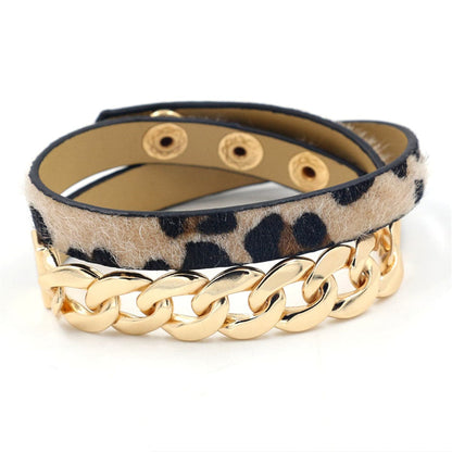 Brown Polyurethane and 18K Gold-Plated Leopard Print Chain Wrap Bracelet, gold bracelet for women, front view