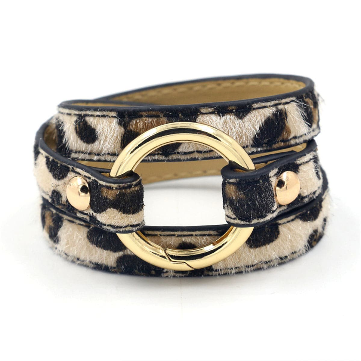 Tan Polyurethane and 18K Gold-Plated Leopard Print Wrap Bracelet, gold bracelet for women, front view