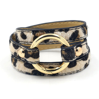 Tan Polyurethane and 18K Gold-Plated Leopard Print Wrap Bracelet, gold bracelet for women, front view