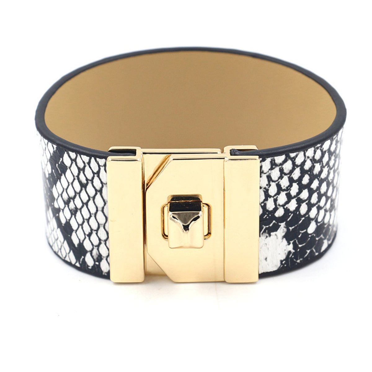Black Polystyrene and 18K Gold-Plated Snake Print Buckle Bracelet, gold bracelet for women, front view