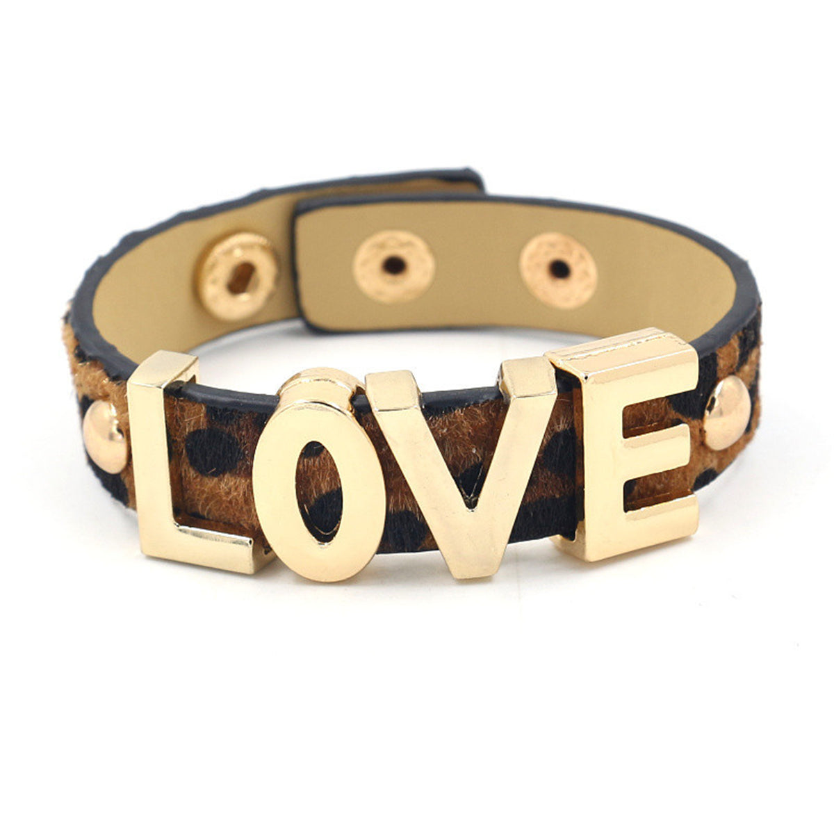 Dark Coffee Polyurethane and 18K Gold-Plated Leopard 'Love' Bracelet, gold bracelet for women, everyday style, front view