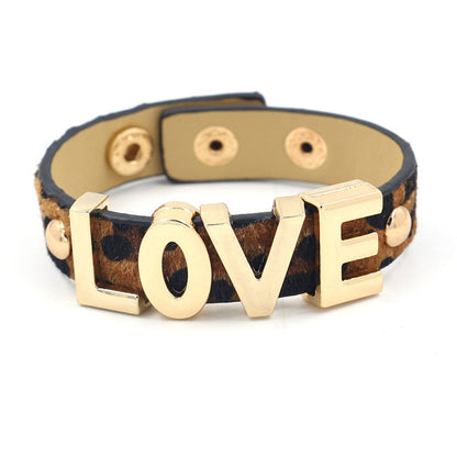 Dark Coffee Polyurethane and 18K Gold-Plated Leopard 'Love' Bracelet, gold bracelet for women, everyday style, front view