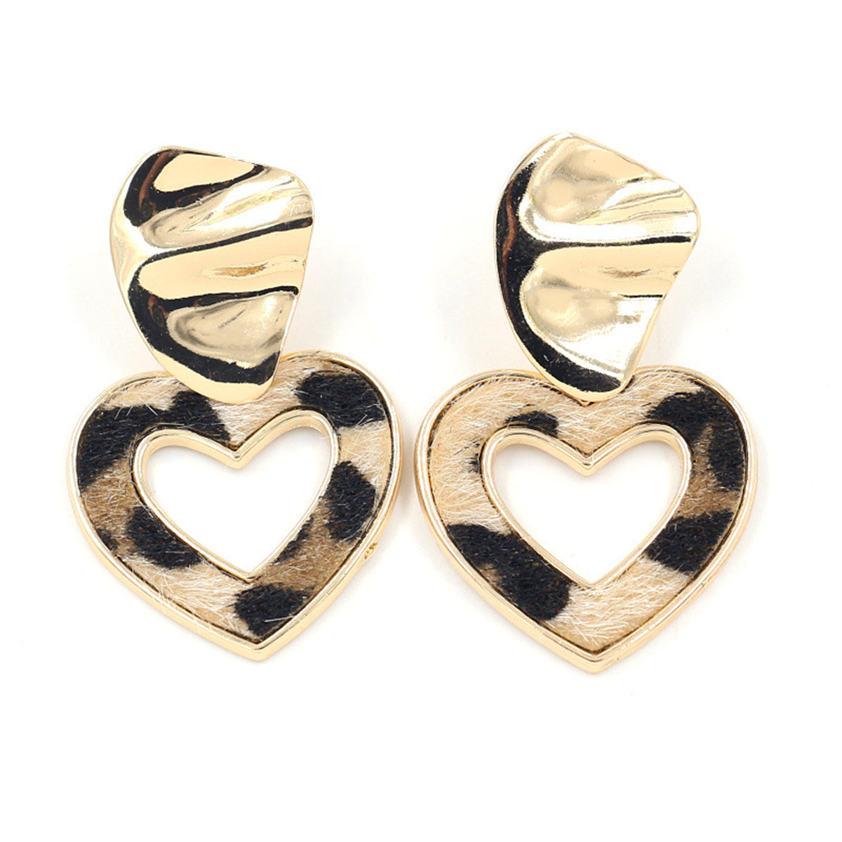 Polystyrene and 18K Gold-Plated Open Heart Leopard Print Heart Drop Earrings, gold drop earrings for women, front view