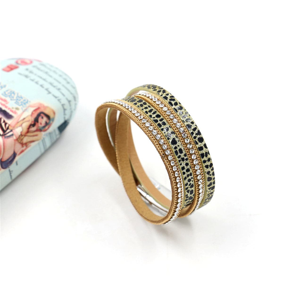 Cubic Zirconia and Tan Leopard Print Layered Bracelet, bracelet for women, vintage-inspired design, front view