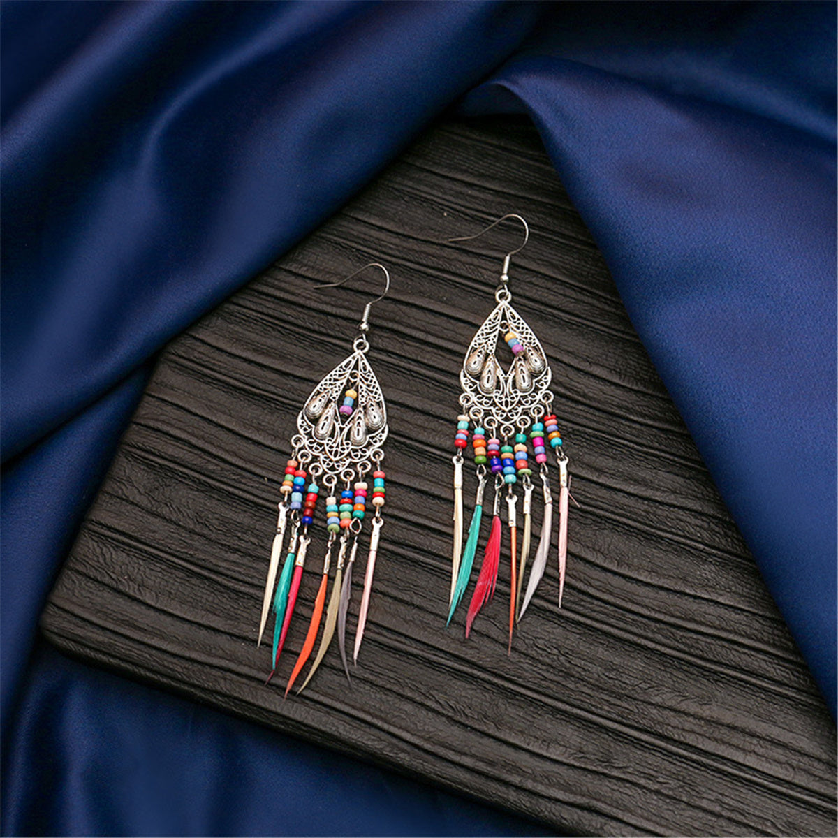 Howlite and Silver-Plated Feather-Accent Drop Earrings, silver drop earrings for women, botanical inspired, front view