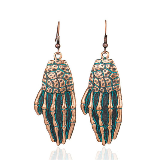 Teal Enamel and 18K Gold-Plated Skull Hand Drop Earrings, gold drop earrings for women, botanical inspired, front view