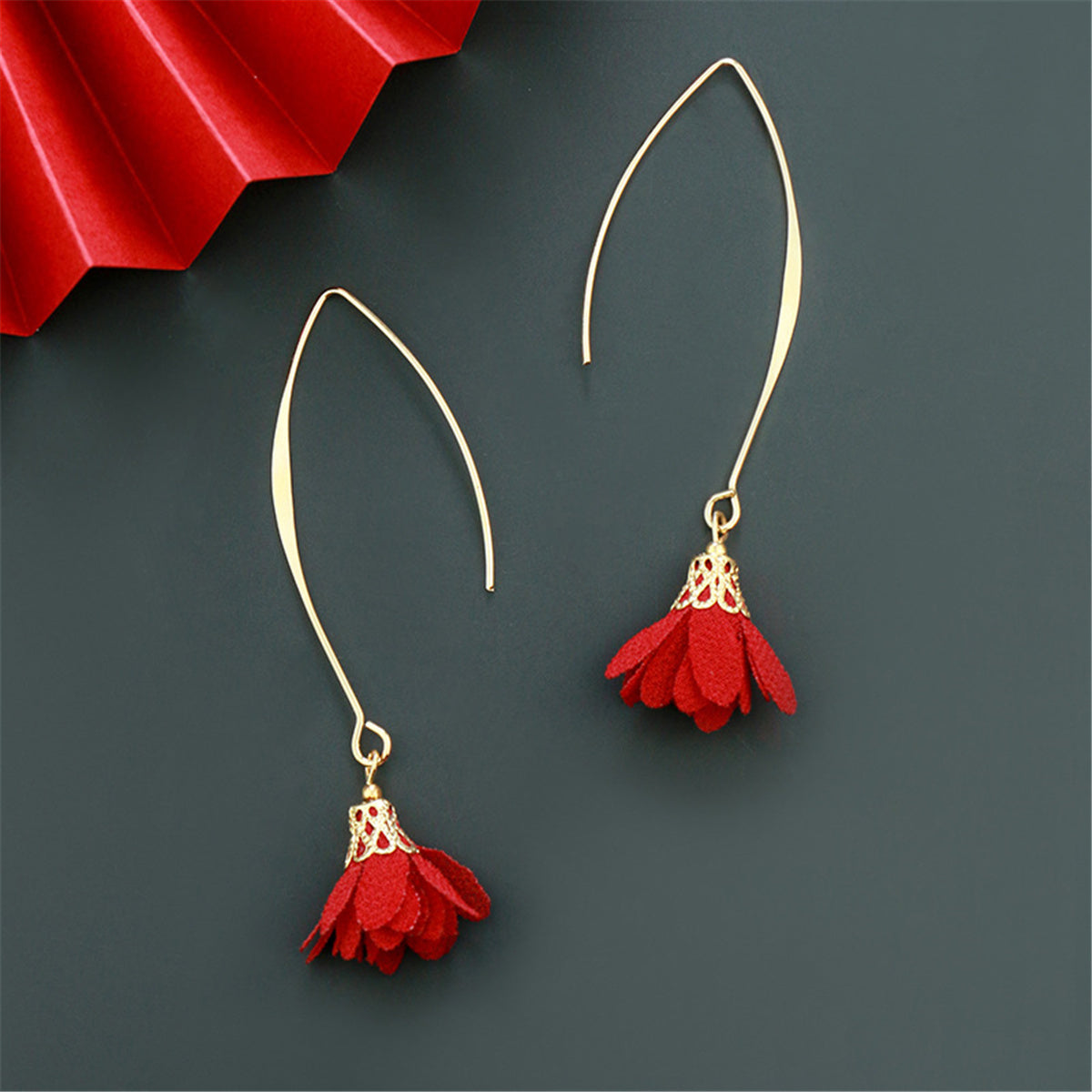 Red Polyster and 18K Gold-Plated Flower Drop Earrings, gold drop earrings for women, botanical inspired, front view