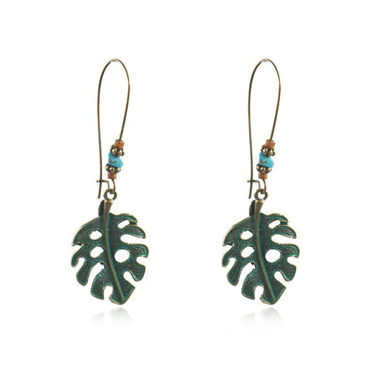 Turquoise and 18K Gold-Plated Open Leaf Drop Earrings, gold drop earrings for women, botanical inspired, front view