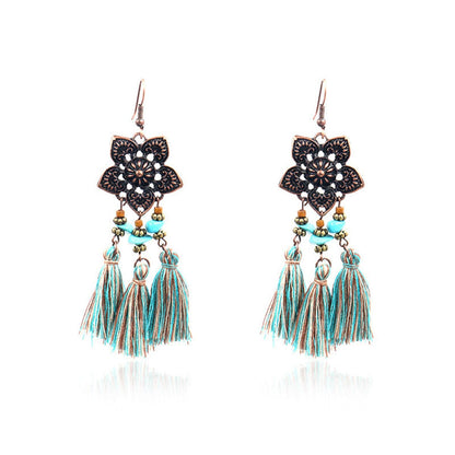 Turquoise and Polyster 18K Gold-Plated Flower Tassel Drop Earrings, gold drop earrings for women, side view