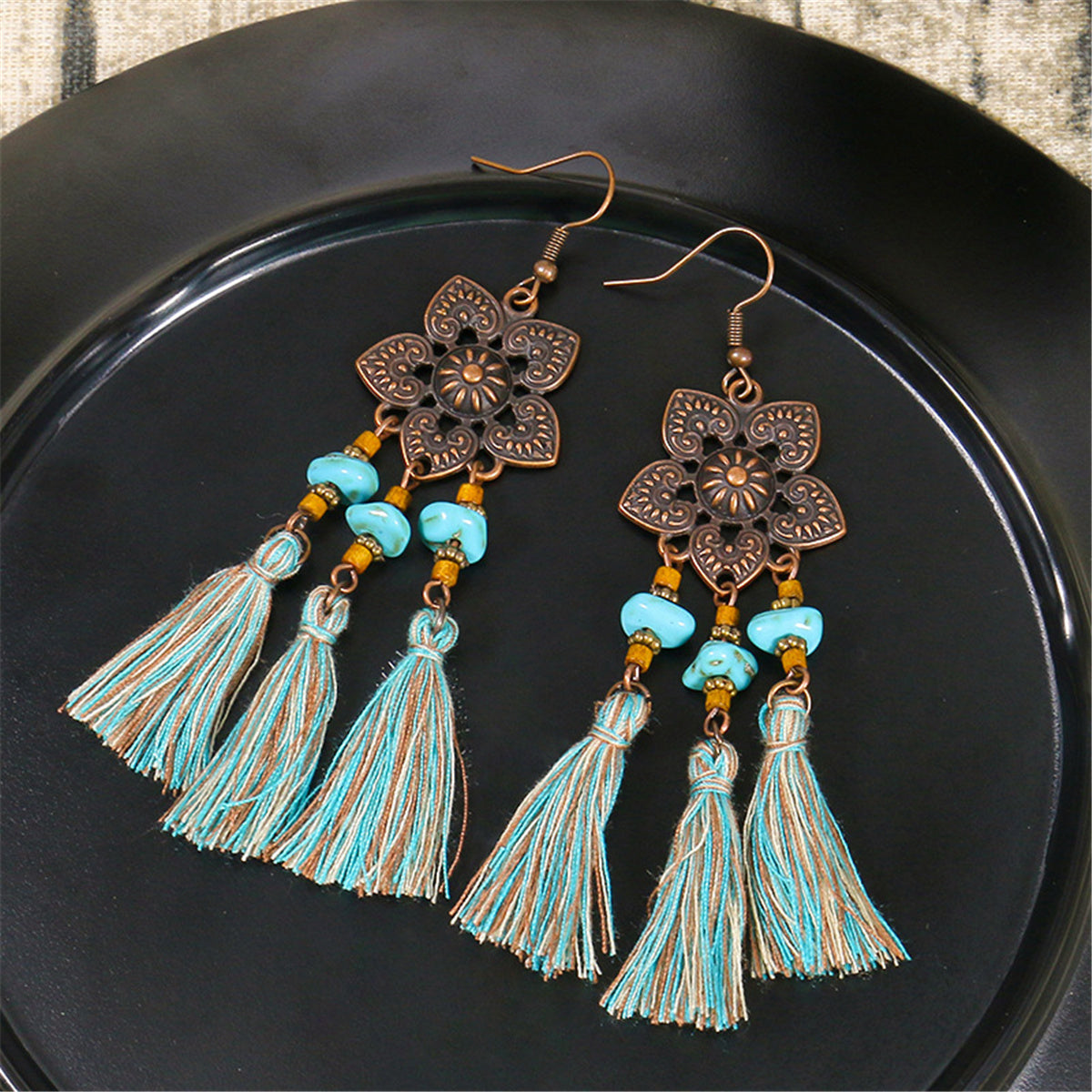 Turquoise and Polyster 18K Gold-Plated Flower Tassel Drop Earrings, gold drop earrings for women, front view