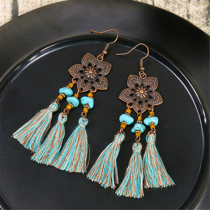 Turquoise and Polyster 18K Gold-Plated Flower Tassel Drop Earrings, gold drop earrings for women, front view