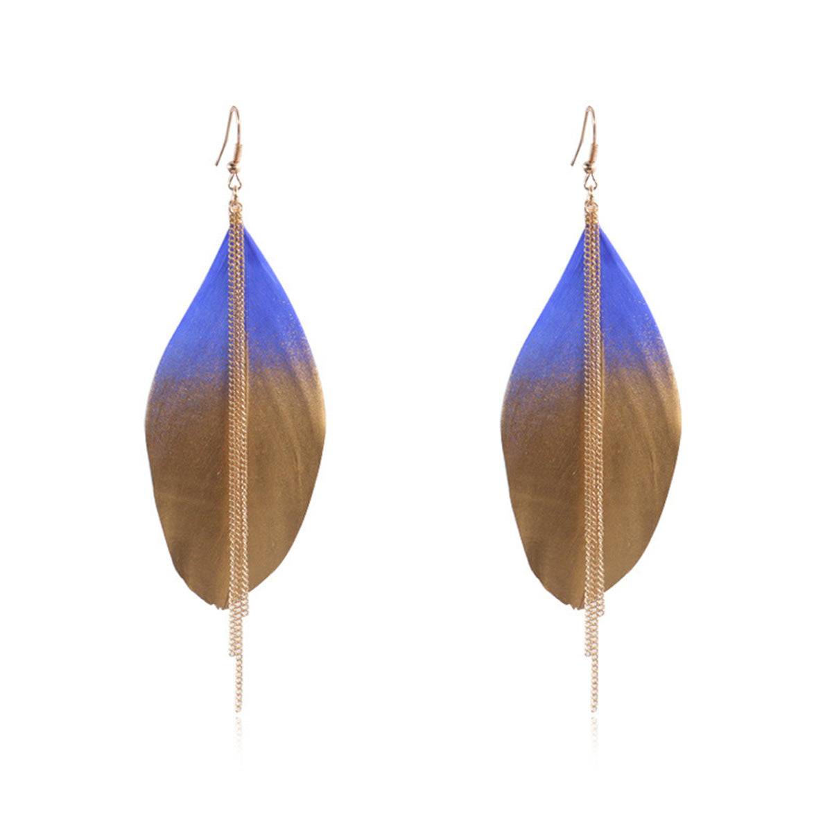 Blue Feather and 18K Gold-Plated Tassel Drop Earrings, gold drop earrings for women, elegant gift for her, front view