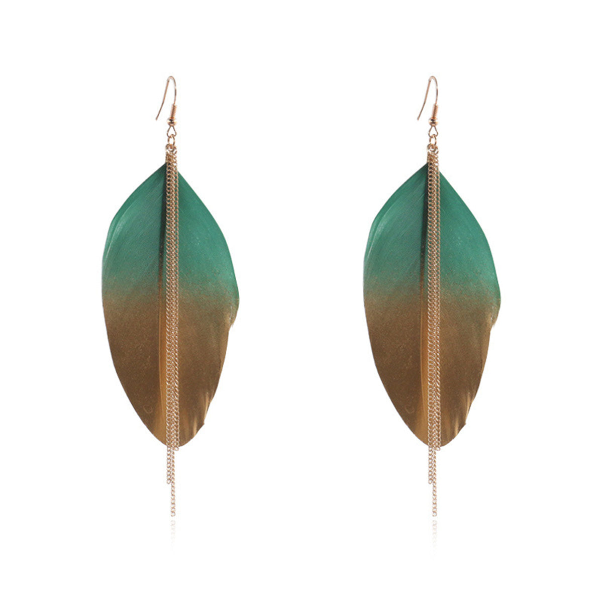 Green Feather and 18K Gold-Plated Tassel Drop Earrings, gold drop earrings for women, everyday style, front view