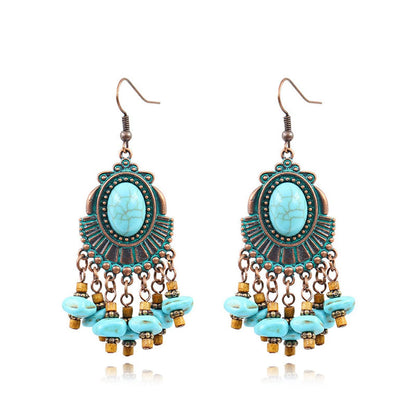 Turquoise and Wood 18K Gold-Plated Round Tassel Drop Earrings, gold drop earrings for women, botanical inspired, side view