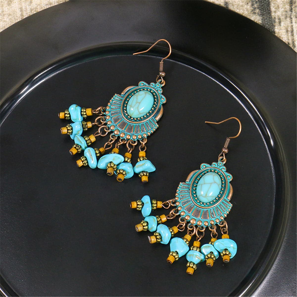Turquoise and Wood 18K Gold-Plated Round Tassel Drop Earrings, gold drop earrings for women, botanical inspired, front view
