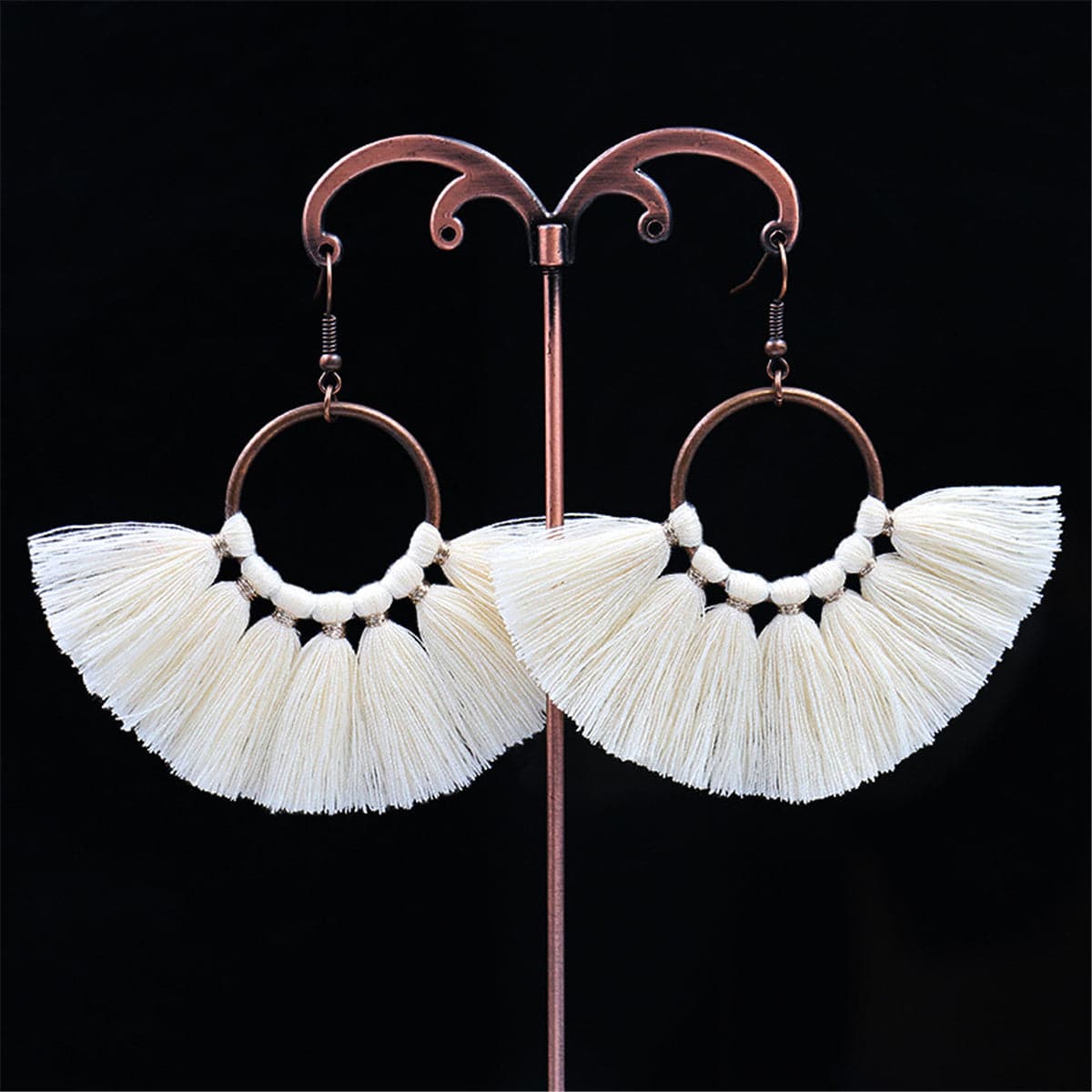 Beige Polyster and 18K Gold-Plated Circle Tassel Drop Earrings, gold drop earrings for women, front view
