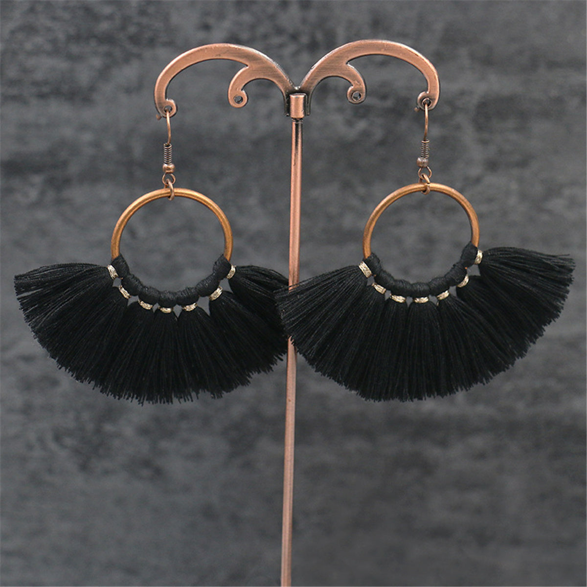 Black Polyster and 18K Gold-Plated Circle Tassel Drop Earrings, gold drop earrings for women, front view