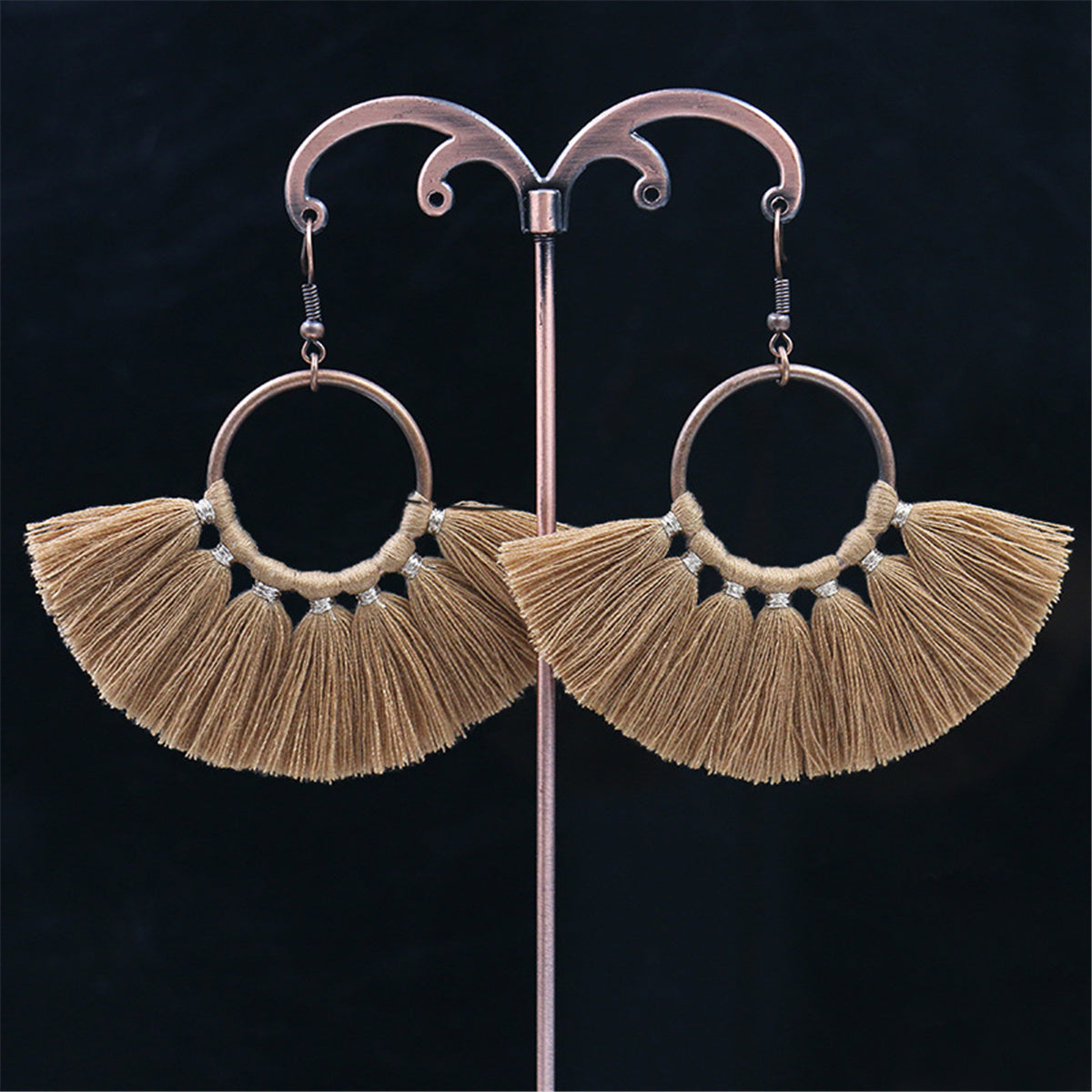 Coffee Polyster and 18K Gold-Plated Fan Tassel Drop Earrings, gold drop earrings for women, elegant gift for her, front view