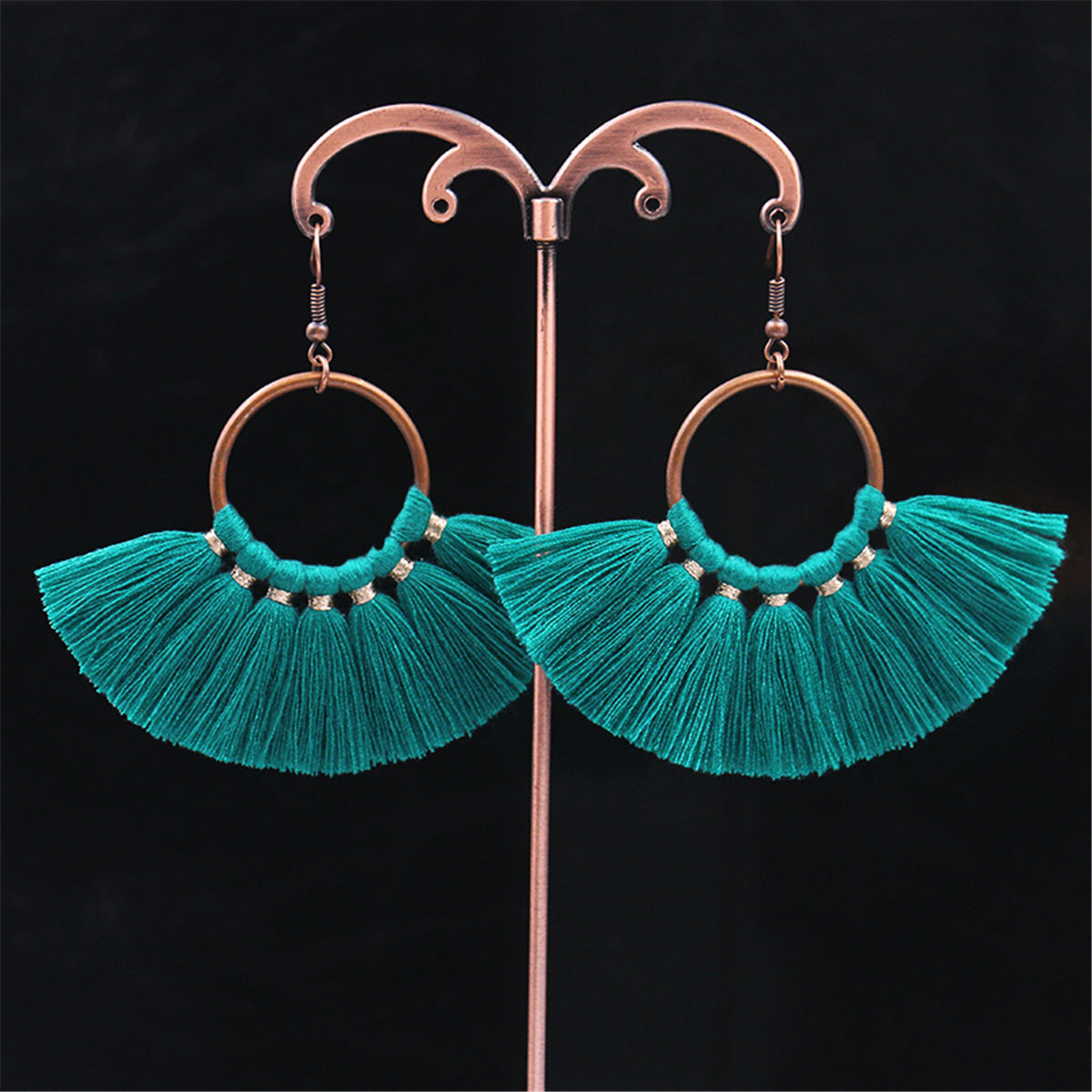 Dark Green Polyster and 18K Gold-Plated Fan Tassel Drop Earrings, gold drop earrings for women, front view