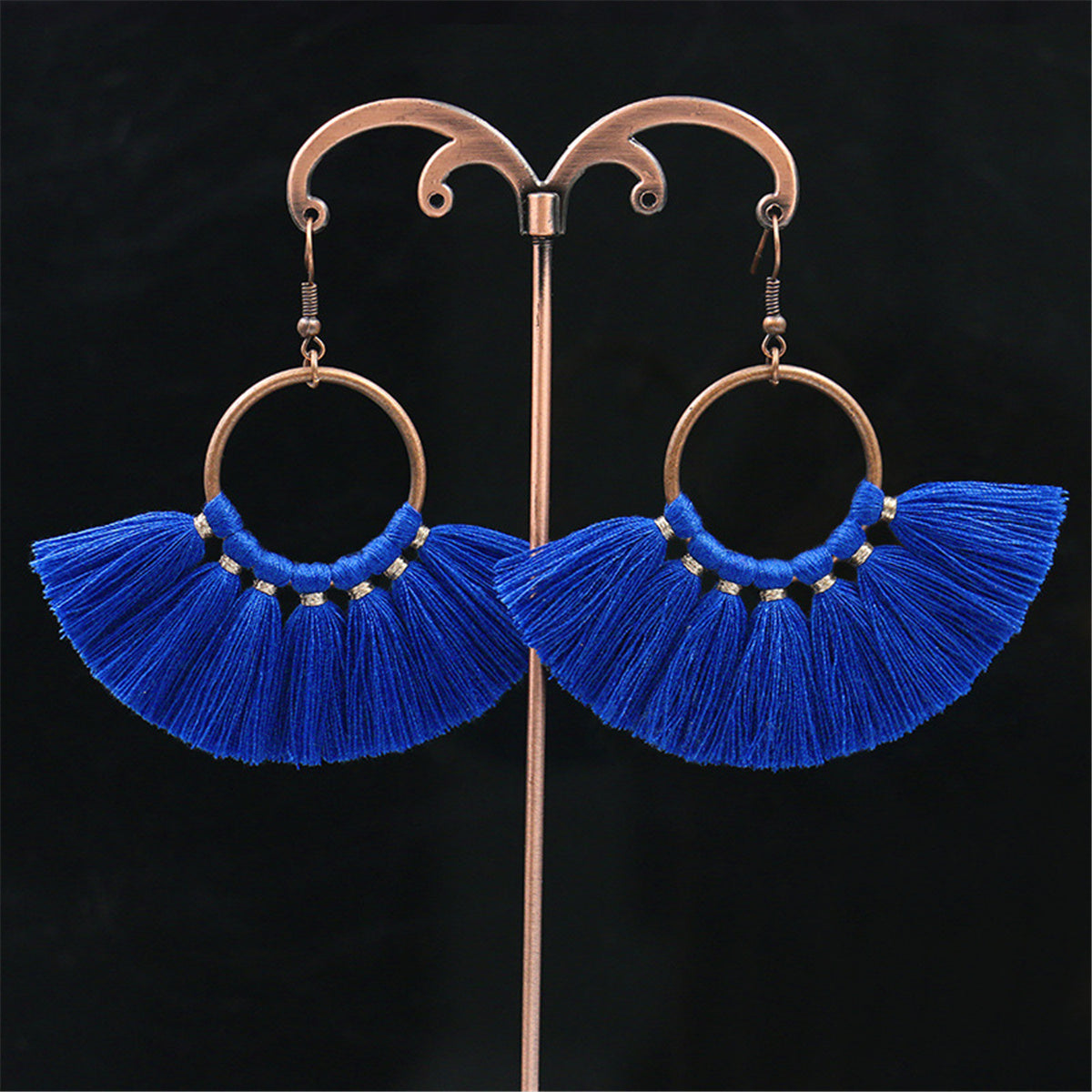 Navy Polyster and 18K Gold-Plated Fan Tassel Drop Earrings, gold drop earrings for women, elegant gift for her, front view