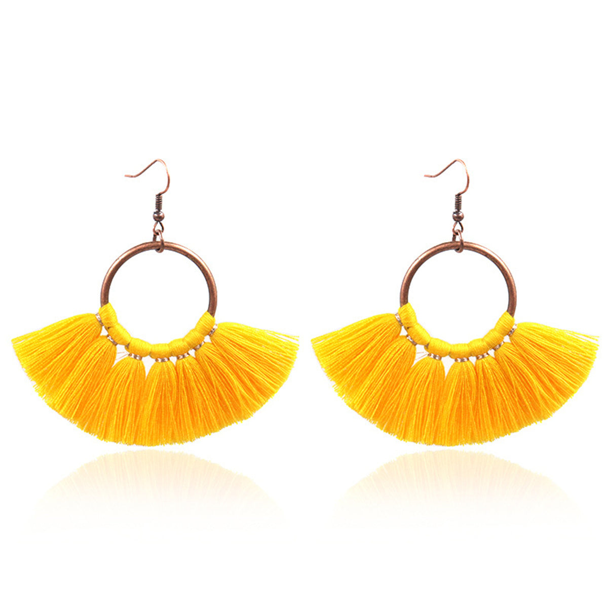 Yellow Polyster and 18K Gold-Plated Fan Tassel Drop Earrings, gold drop earrings for women, front view