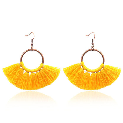 Yellow Polyster and 18K Gold-Plated Fan Tassel Drop Earrings, gold drop earrings for women, front view