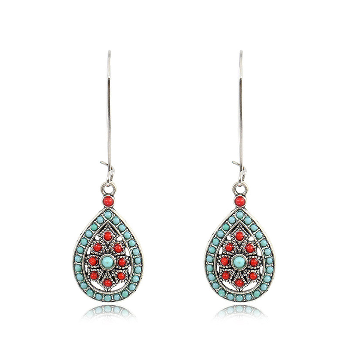 Green and Red Teardrop Earrings, drop earrings for women, botanical inspired, front view