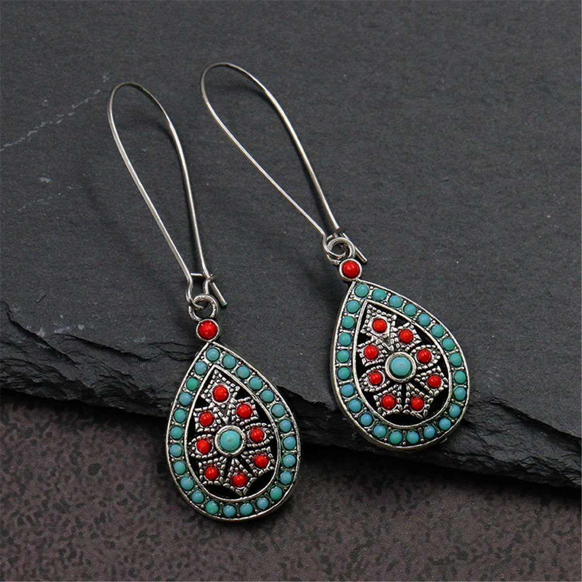 Green and Red Teardrop Earrings, drop earrings for women, botanical inspired, side view