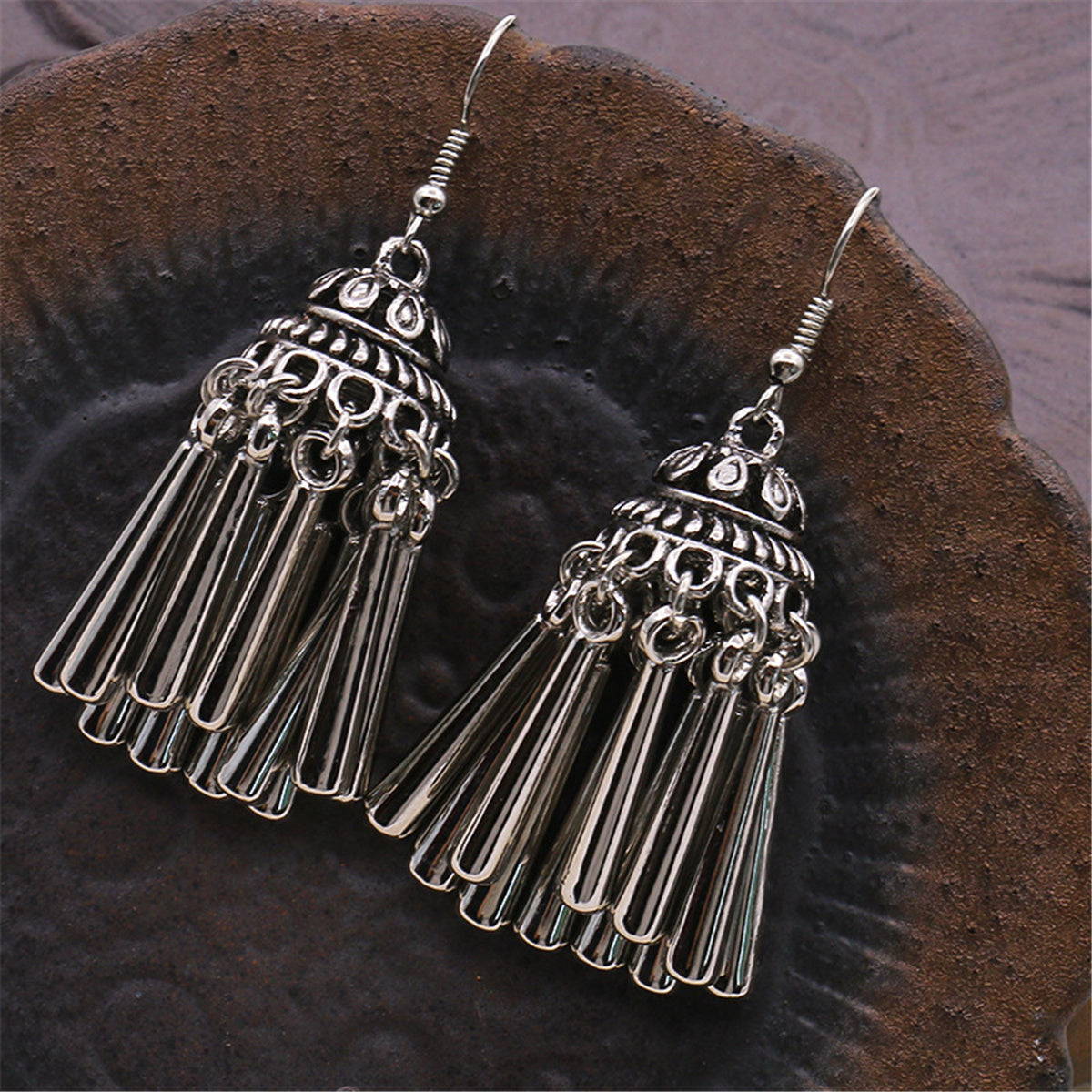 Silver-Plated Tassel Drop Earrings, silver drop earrings for women, dainty minimalist design, front view