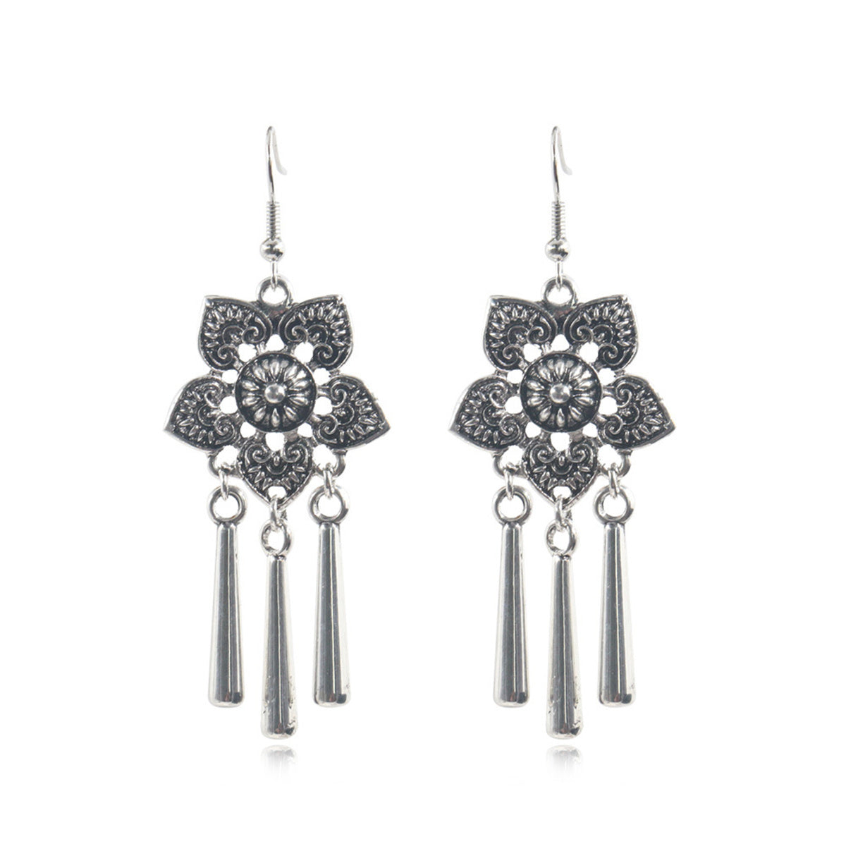 Silver-Plated Flower Tassel Drop Earrings, silver drop earrings for women, vintage-inspired design, side view